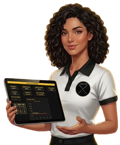 Bia, mascote da Bereshith, segurando um tablet com o Dashboard financeiro do PCF